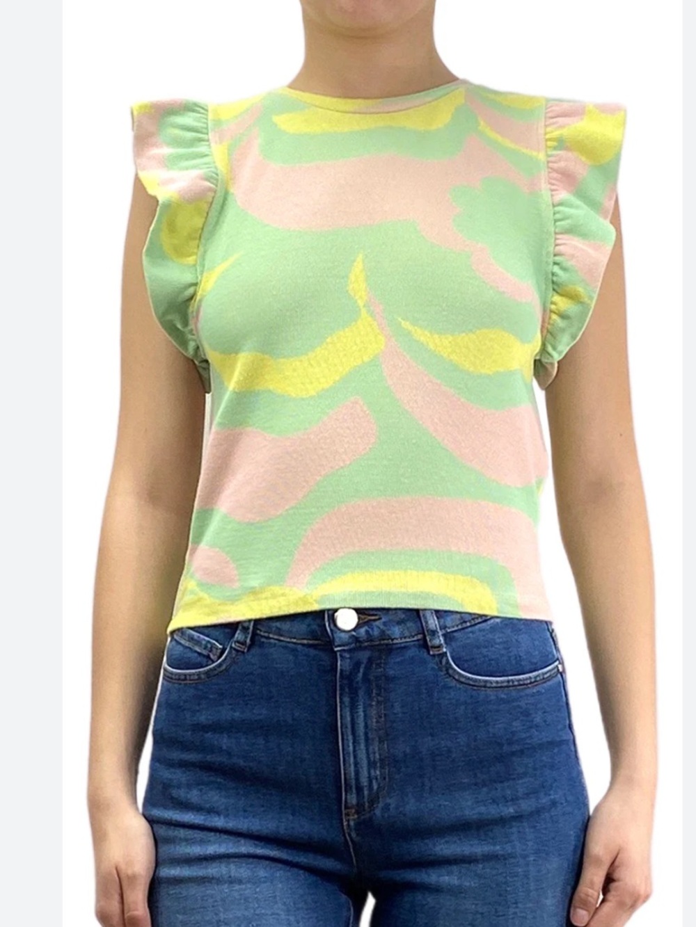 Zara Pastel Jacquard Knit Ruffle Top. Size Medium.